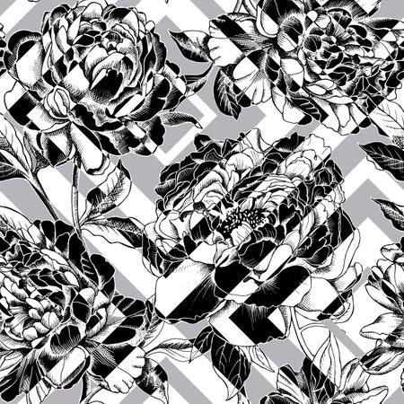 Seamless pattern with peony flowers. Black and white background.の写真素材