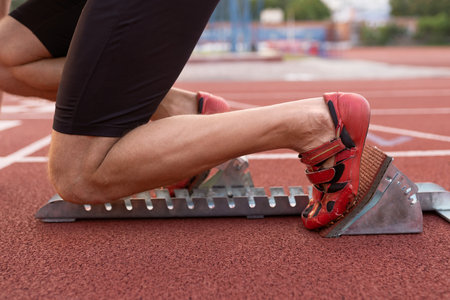 Close up of a man ready to start a race on a trackの写真素材