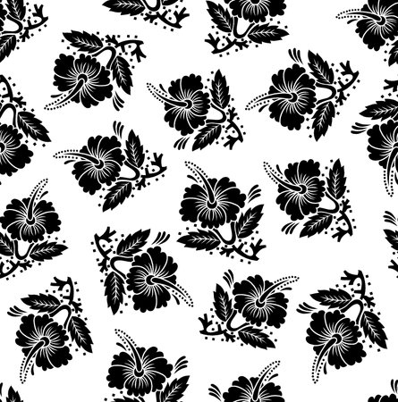 Seamless pattern with flowers and leaves. Black and white vector illustration.の写真素材
