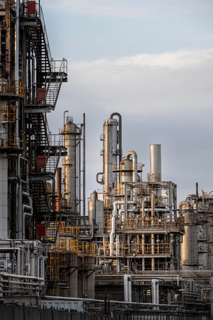 Petrochemical plant at sunset, closeup of oil refinery.の写真素材