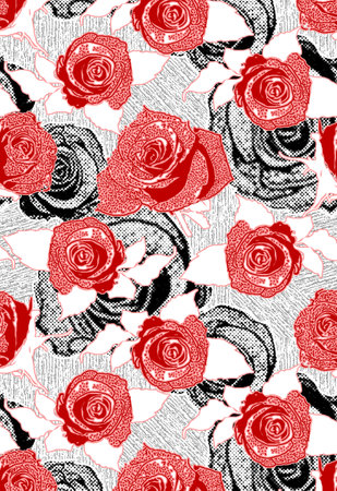 Seamless pattern with red roses on white background. Vector illustration.の写真素材