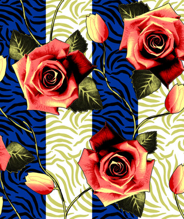Seamless pattern with red roses on zebra stripes background.の写真素材