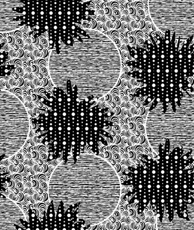 Seamless pattern with black and white circles and dots on a white backgroundの写真素材