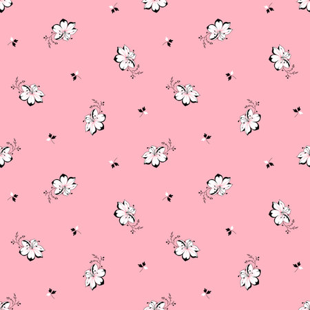 Seamless pattern with white flowers on pink background. Vector illustration.の写真素材