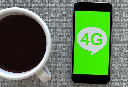 4G, message on speech bubble with smart phone and and coffee, 3D renderingの写真素材