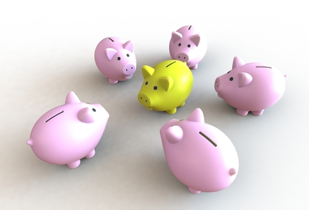 Large group of pink piggy banks with one yellow leaderの写真素材
