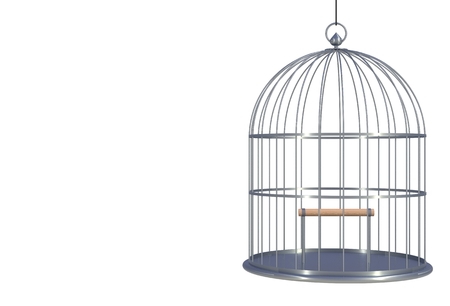 Empty bird chromium cage Isolated on white background, 3D renderingの写真素材