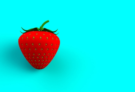 Red strawberry on blue background, 3D renderingの写真素材
