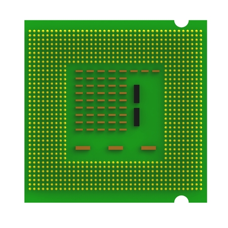 Below view of CPU (Central processing unit) microchip isolated on white background, 3D rendering
