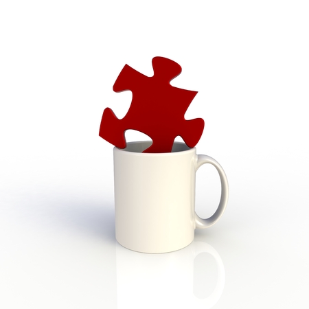 Jigsaw with white coffee cup isolated on white background. Mock up Template for application design. Exhibition equipment. Set template for the placement  . 3D rendering.の写真素材