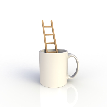 Stair in white coffee cup isolated on white background. Mock up Template for application design. Exhibition equipment. 3D rendering.の写真素材