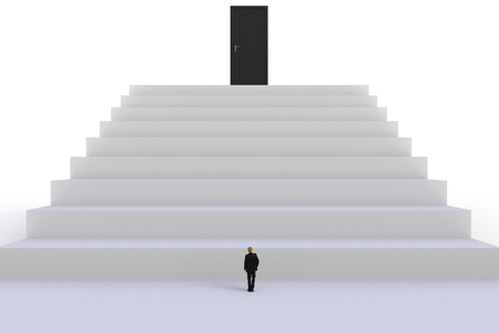 Success concept with businessman, Image of miniature businessman standing in front of black door on white wall background, 3D renderingの写真素材