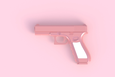 Beside view of pink semi automatic 9x19 handgun isolated on pink background, 3D renderingの写真素材