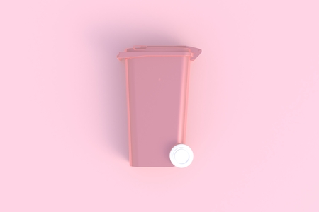 Beside view of pink garbage wheelie bin with a closed lid on a pink background, 3D renderingの写真素材