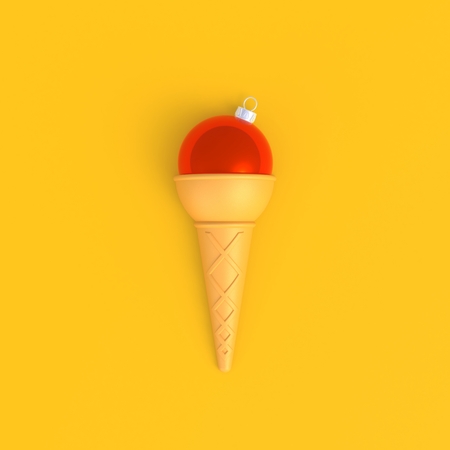 Christmas ball in ice cream cone abstract minimal yellow background, Christmas concept, 3d renderingの写真素材