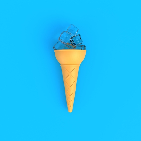 Ice cubes in ice cream cone abstract minimal blue background, Food concept, 3d renderingの写真素材
