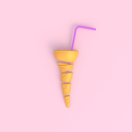 Ice cream cone sliced with pink drinking straws abstract minimal pink background, Food concept, 3d...