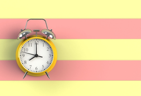 Alarm clock on yellow with red wooden board, 3D rendering