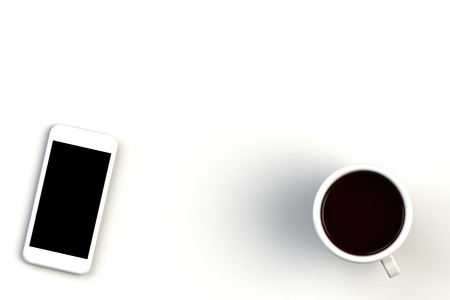 Coffee cup with smart phone on white background, Top view with copyspace for your text, 3D renderingの写真素材