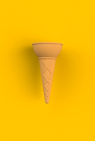 Sweet wafer cone on yellow background, 3D renderingの写真素材