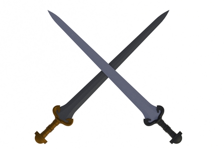 Two crossed swords, isolated on white background, 3D renderingの写真素材