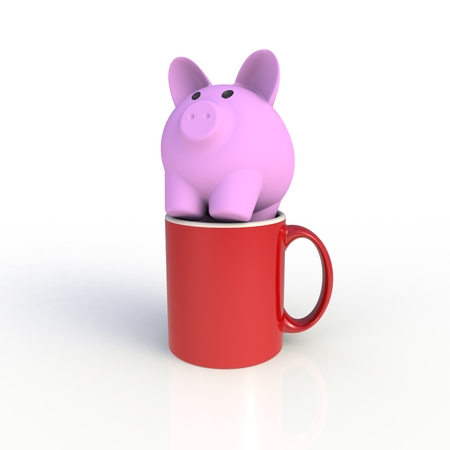 Piggy bank with red coffee cup isolated on white background. Mock up Template for application design. Exhibition equipment.の写真素材