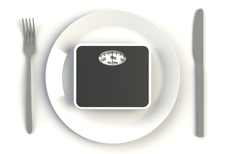 Bathroom scales on plate, knife and fork on white table, 3D renderingの写真素材