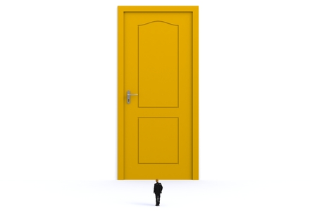Success concept with businessman, Image of miniature businessman standing in front of yellow door on...