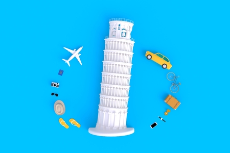 Leaning Tower of Pisa, Italy, Europe, Italian Architecture, Top view of Traveler's accessories abstract minimal blue background, Essential vacation items, Travel concept, 3d renderingの写真素材