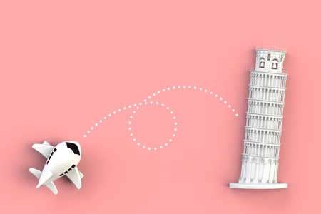 Close up of airplane flying go to leaning tower of pisa concept illustration on pink background, Top view with copy space, 3d renderingの写真素材
