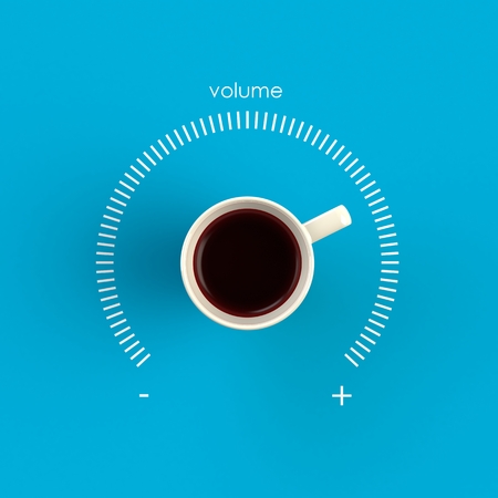 Top view of a cup of coffee in the form of volume control isolated on blue background, Coffee concept illustration, 3d renderingの写真素材
