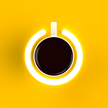 Top view of a cup of coffee in the form of power isolated on yellow background, Coffee concept illustration, 3d renderingの写真素材