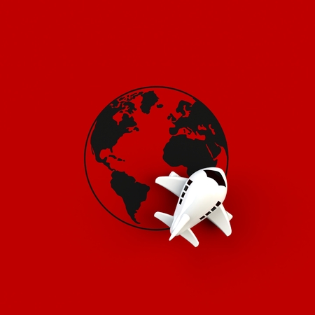 Close up of airplane on globe concept illustration on red background, Top view with copy space, 3d renderingの写真素材