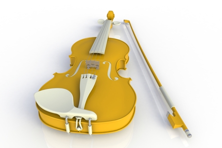 Close up of classical yellow violin with bow isolated on white background, String instrument, 3d renderingの写真素材