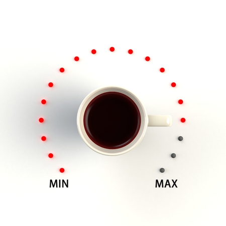 Top view of a cup of coffee in the form of volume control from minimum to maximum level isolated on...