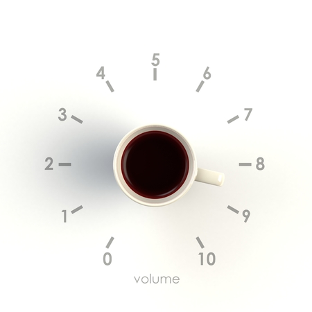 Top view of a cup of coffee in the form of volume control isolated on white background, Coffee concept illustration, 3d renderingの写真素材