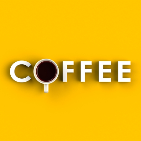 Top view of a cup of coffee in the form of letter isolated on yellow background, Coffee concept illustration, 3d renderingの写真素材