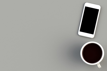 Coffee cup with smart phone on gray background, Top view with copyspace for your text, 3D renderingの写真素材