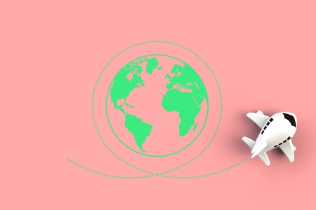 Close up of airplane flying around the world concept illustration on pink background, Top view with...