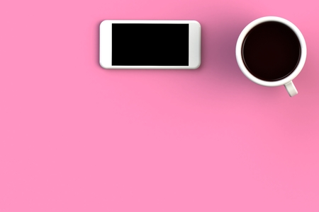 Coffee cup with smart phone on pink background, Top view with copyspace for your text, 3D renderingの写真素材