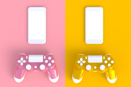Pink yellow joystick with smart phone on pink yellow table background, Computer game competition, Gaming concept, 3D renderingの写真素材