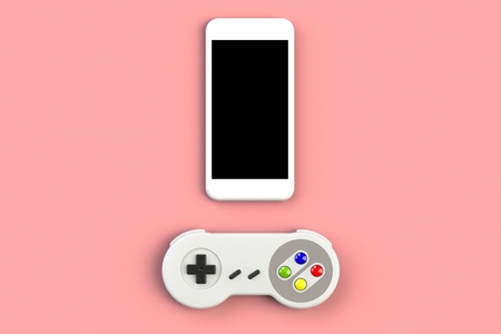 Video game console GamePad. Gaming concept. Top view retro joystick with smartphone isolated on pink background, 3D renderingの写真素材