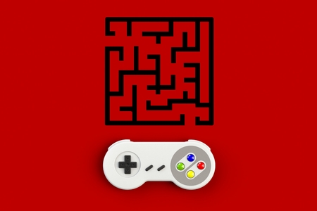 Video game console GamePad. Gaming concept. Top view retro joystick with maze isolated on red...