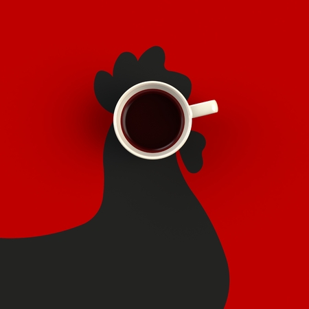 Top view of a cup of coffee in the form of chicken isolated on red background, Coffee concept illustration, 3d renderingの写真素材