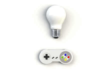 Video game console GamePad. Gaming concept. Top view retro joystick with light bulb isolated on...