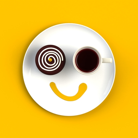 Top view of a cup of coffee with cake in the form of smile isolated on yellow background, Coffee concept illustration, 3d renderingの写真素材