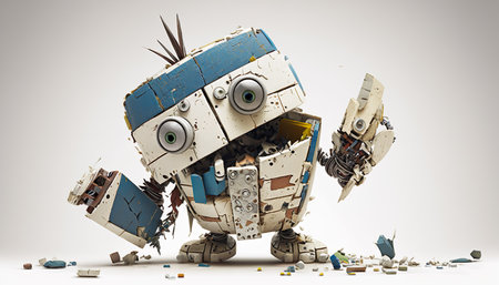 broken down toy robot on white background, generative aiの素材