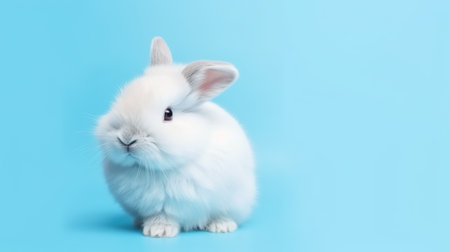 Funny rabbit on blue pastel color background. Generative AI.の素材