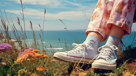 Leg with sneaker on grass while sitting near the ocean looking at scenery. Generative AIの素材