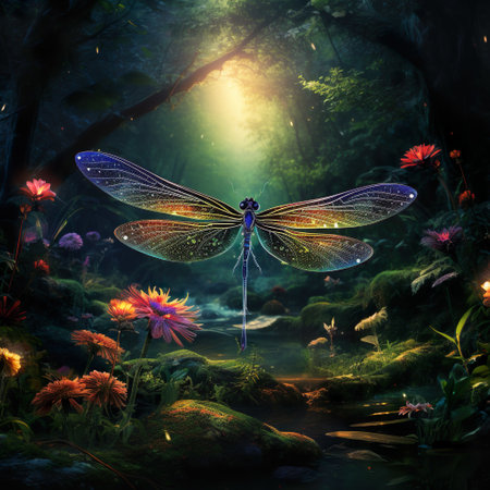 dragonfly in a magical forest, lush. Centered, album art, Generative AIの素材